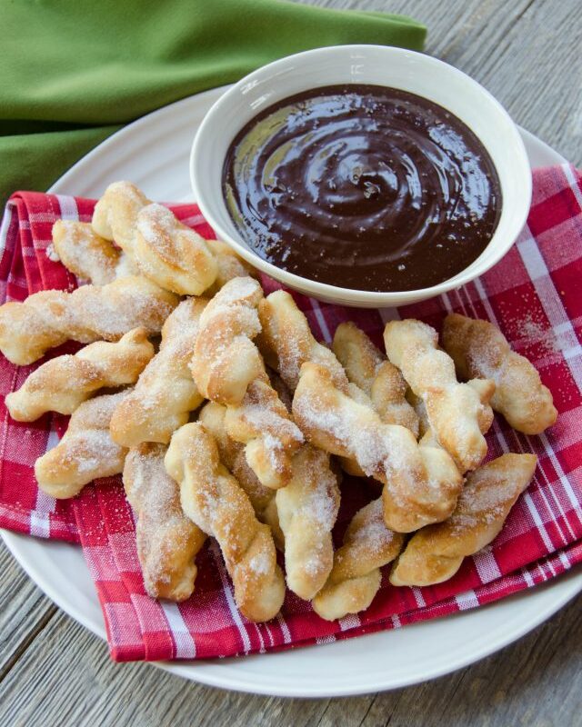 Air Fried Sugared Dough Dippers with Chocolate Amaretto Sauce