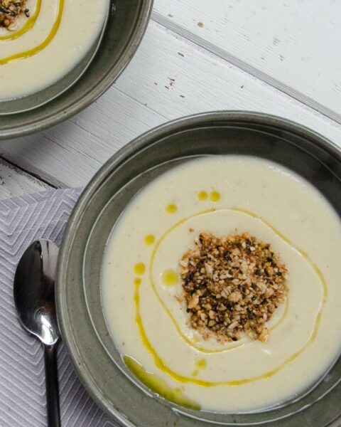 Cauliflower Cheddar Soup with Hazelnut Dukkah