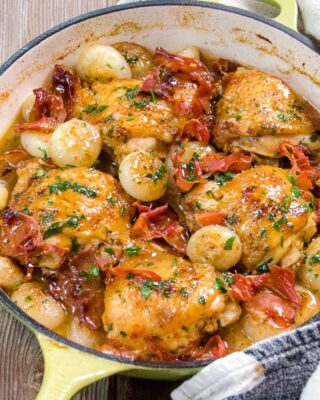 Chicken Thighs with Cipollini Onions, Prosciutto and Lemon
