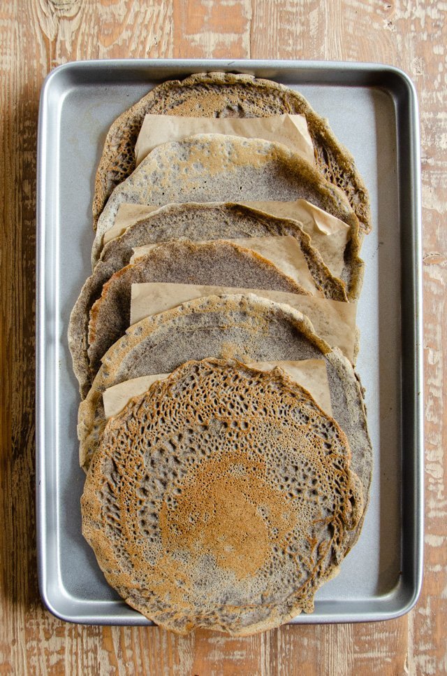 A sheet pan of buckwheat crepes.