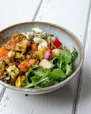 Wheat Berry Grain Bowl with Arugula, Roasted Carrots and Delicata Squash