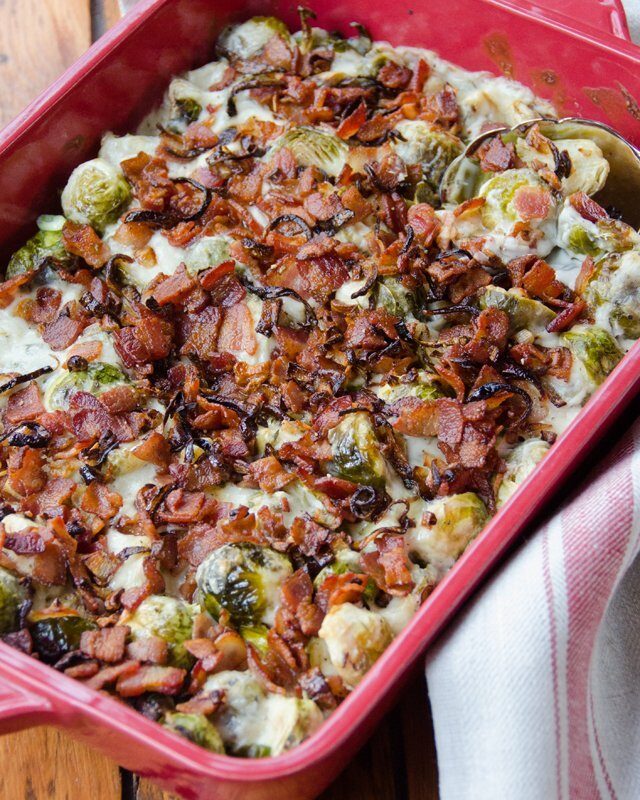 Brussels Sprouts and Horseradish Cream with Crispy Shallots and Bacon
