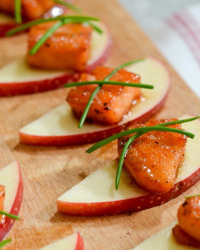 Maple Glazed Salmon Bites with Apples and Chives