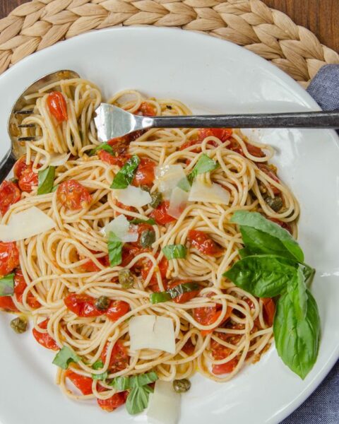 Quick Roasted Tomato Sauce with Capers and Basil