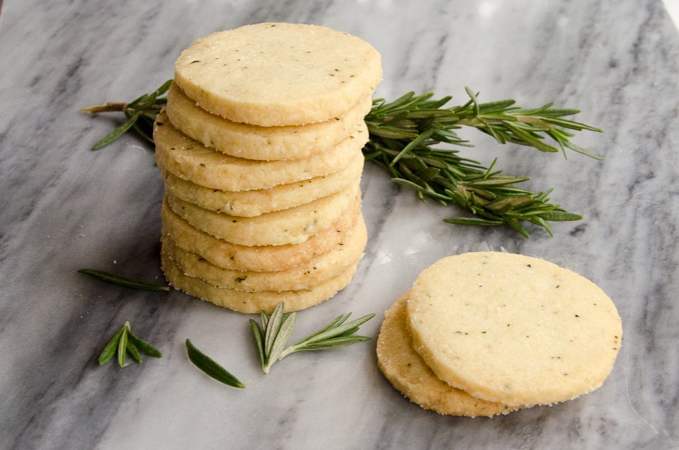 Rosemary Shortbread Cookies on grey marble.