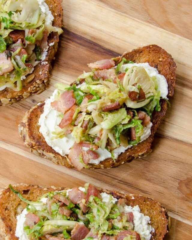 Shaved Brussels Sprouts Toast with Bacon and Goat Cheese