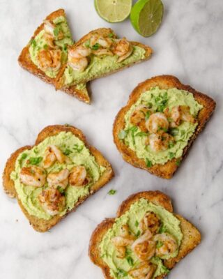 Edamame Avocado Toast with Grilled Shrimp