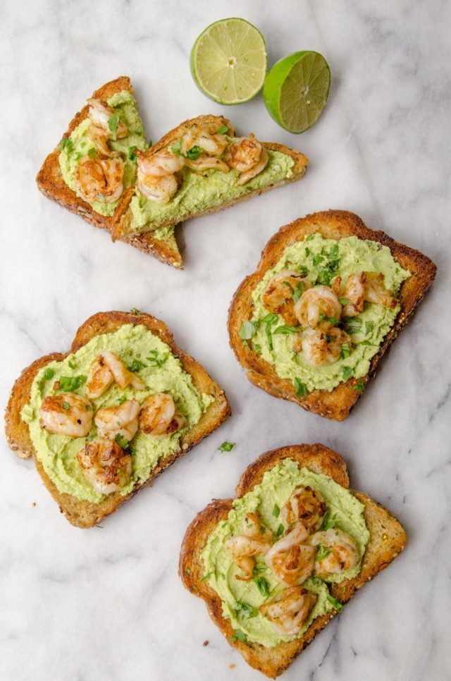 Edamame Avocado Toast with Grilled Shrimp