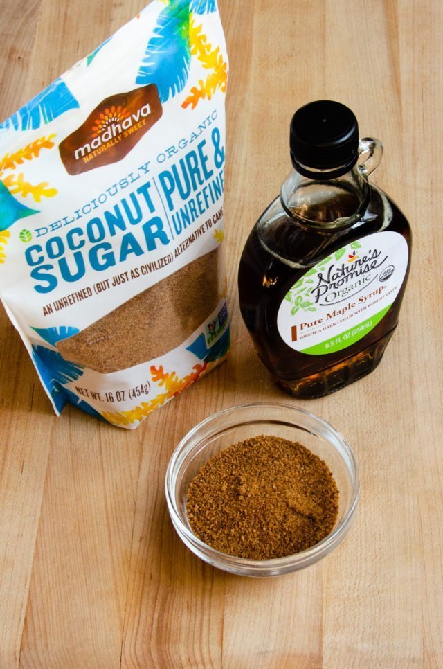 Coconut sugar and maple syrup on a table - possible sweeteners for homemade oat milk.