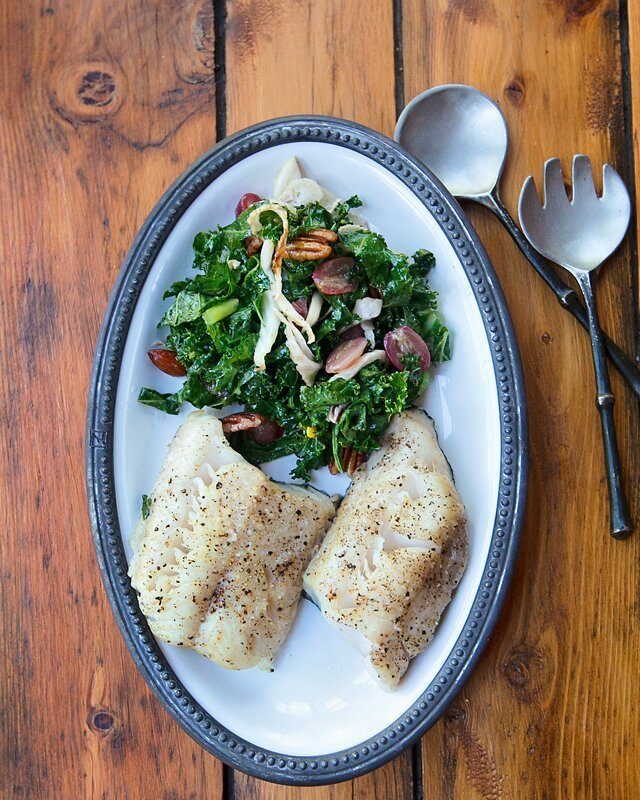Black Cod with Grapes, Fennel, Pecans and Kale