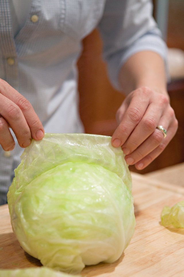 Removing a leaf of cabbage from a head.