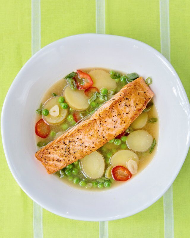 Salmon with Potatoes and Peas in a Ginger Broth