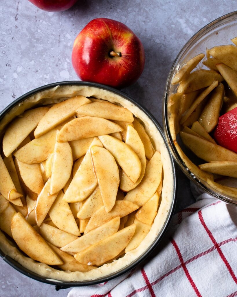 Sliced apples layered in a springform pan with a bowl of apples next to it.