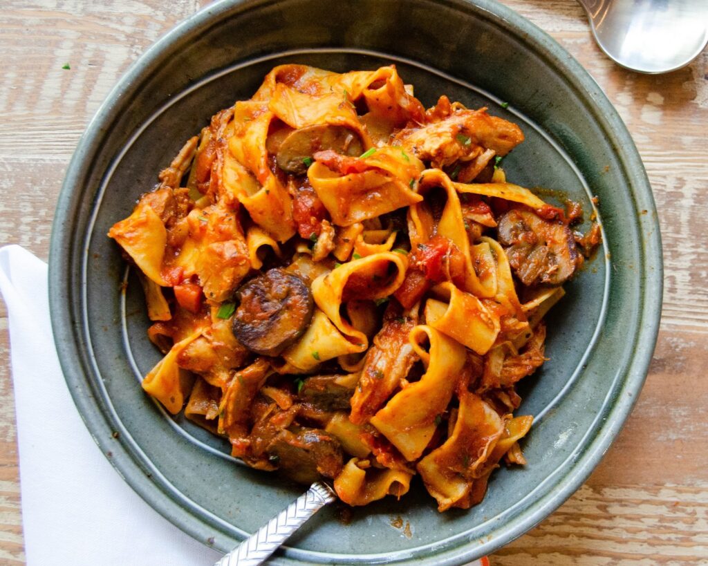 A bowl of chicken ragoût pappardelle.