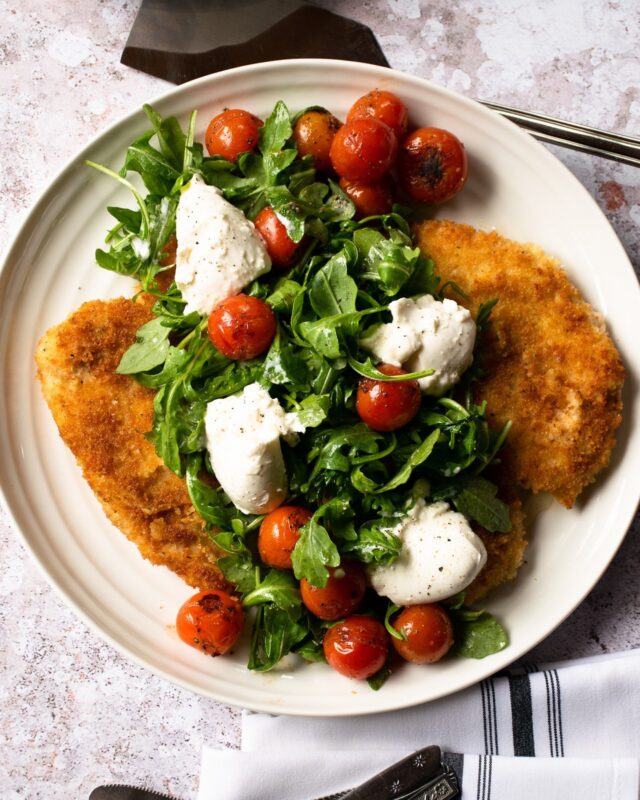 Chicken Paillard with Burrata and Roasted Cherry Tomatoes