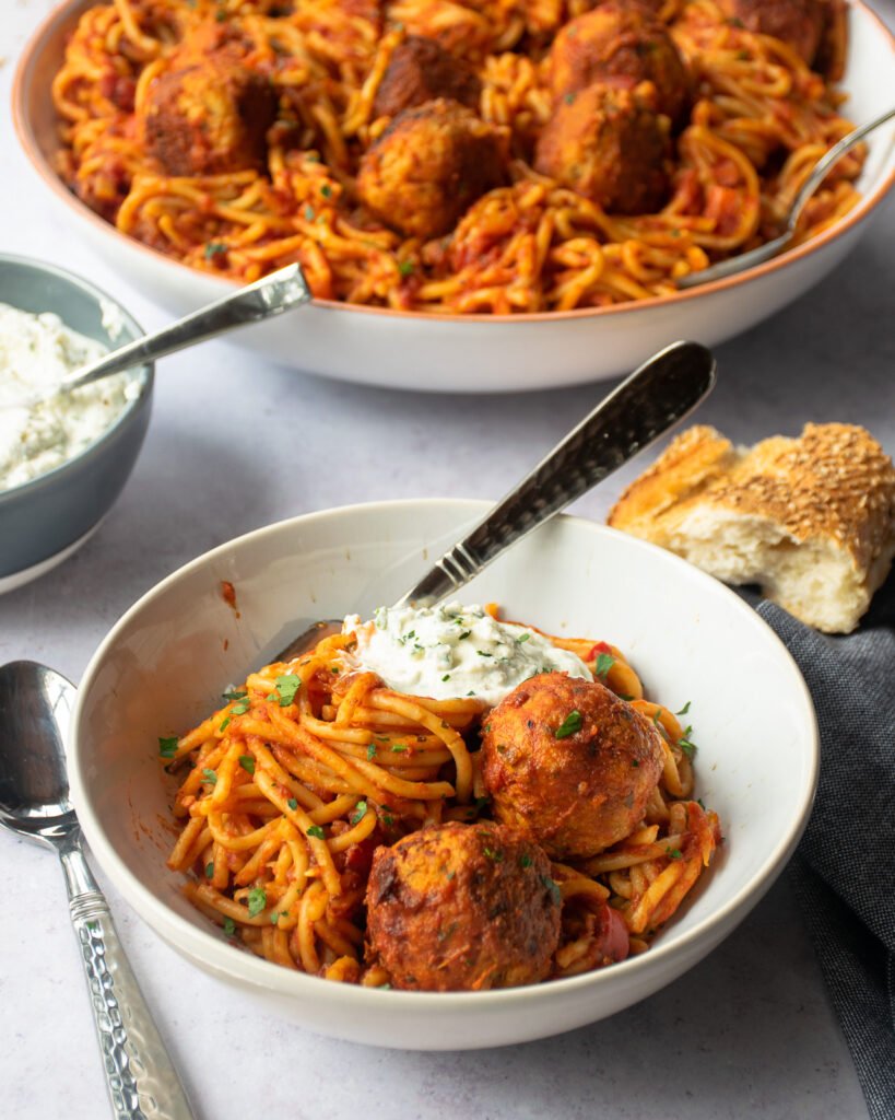 Pressure Cooker Spaghetti and Meatballs with Herbed Ricotta