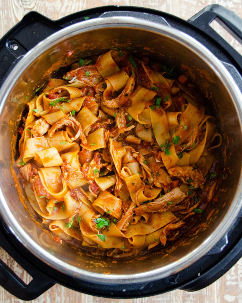 Chicken ragout pappardelle in a pressure cooker.