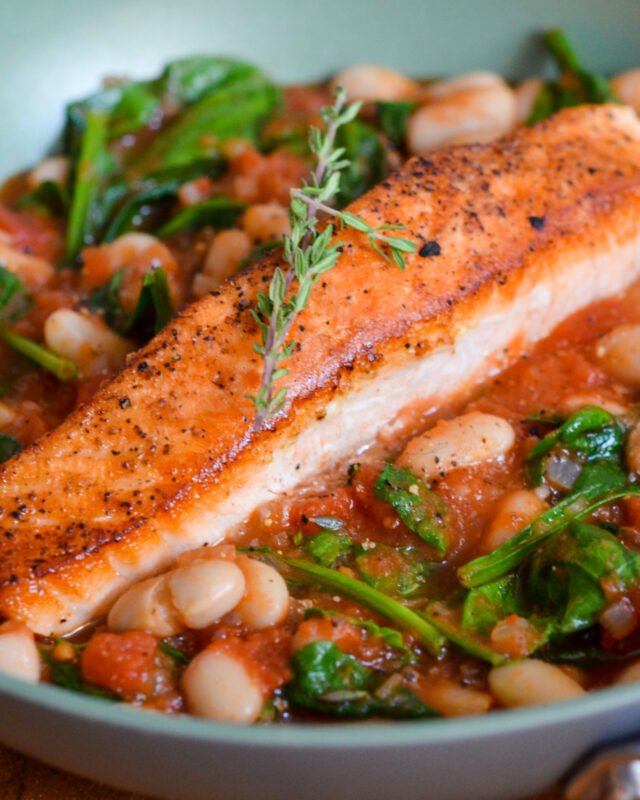 Oven-Roasted Salmon with White Beans, Tomato and Spinach