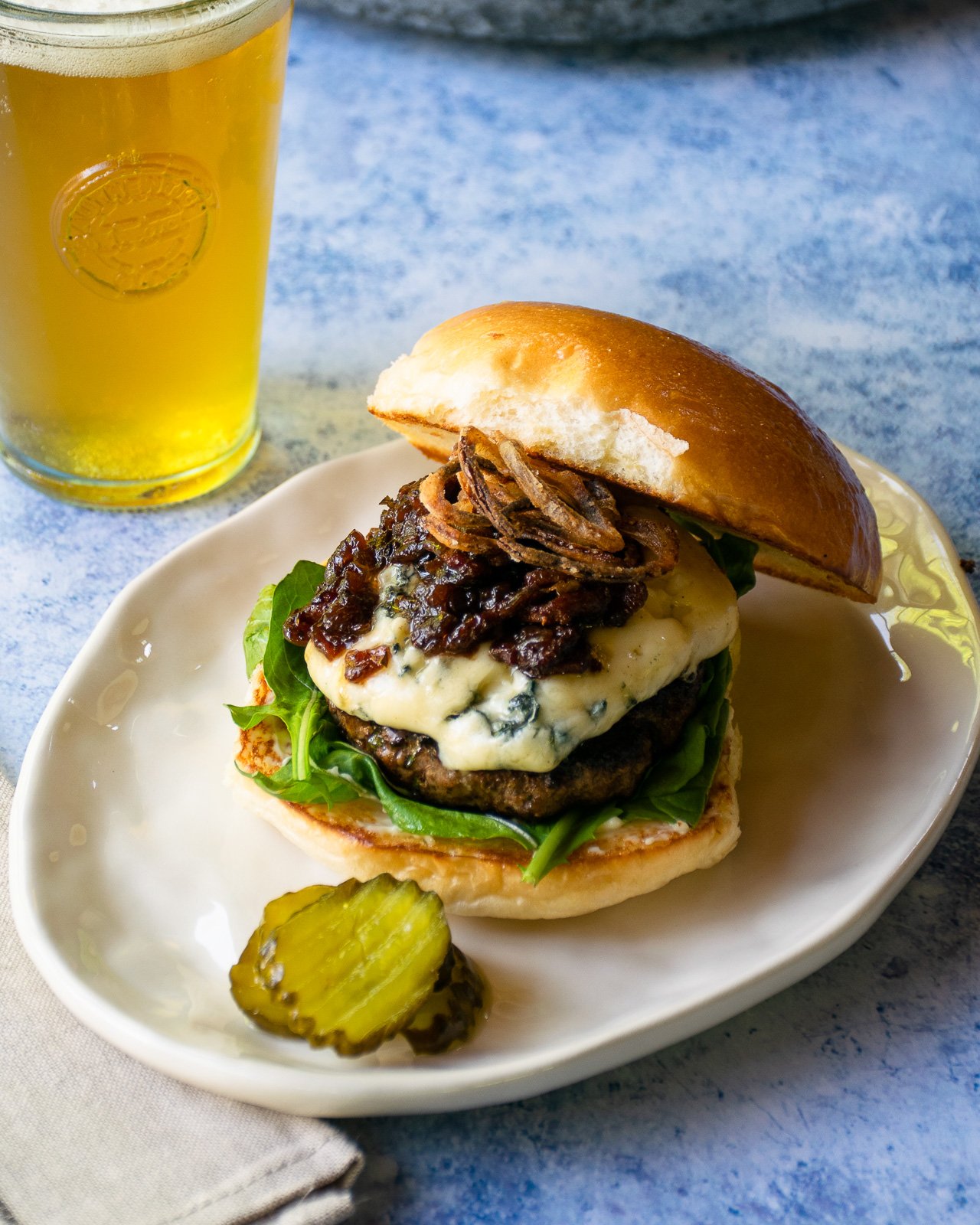 Bacon Black 'n Bleu Cheese Sliders With Crispy Onion Straws Recipe