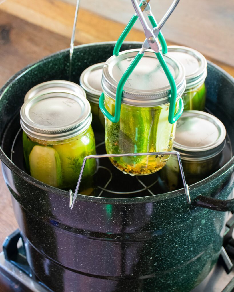 Lowering jars of dill pickles into a canner.