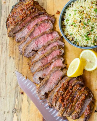 Sun-Dried Tomato Flat Iron Steak with Lemon Hazelnut Couscous