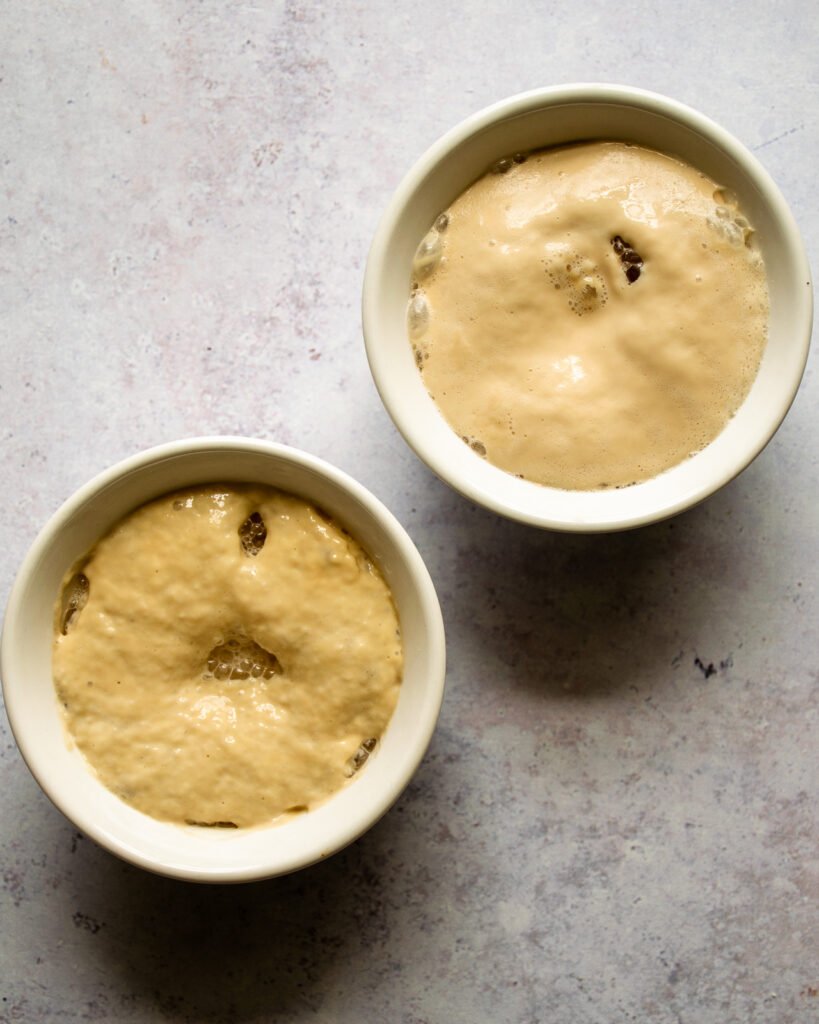 Two dishes of yeast proofing on a counter top.