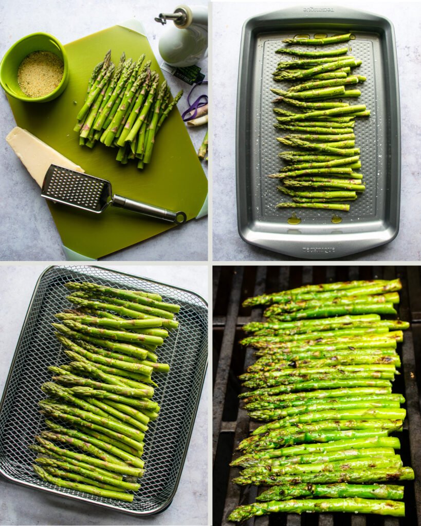 Four photos of asparagus - on a cutting board, on a sheet pan, in an air fryer basket and on a grill.