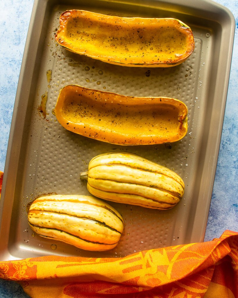 Roasted squash on a baking sheet.
