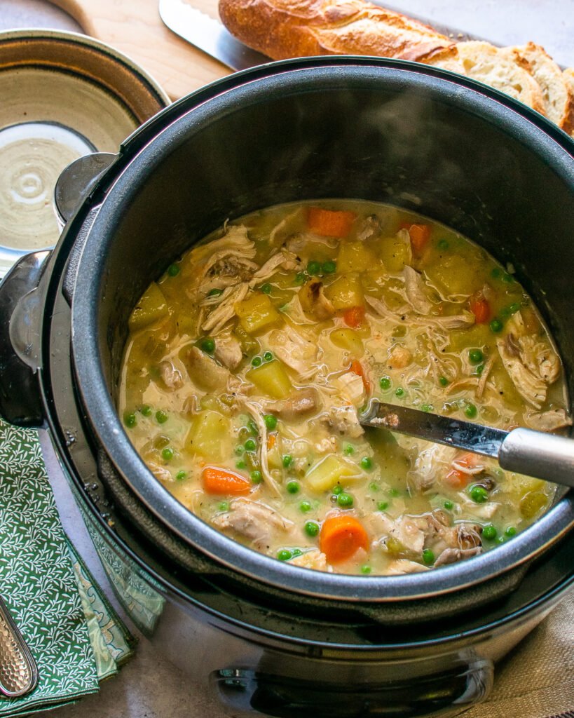 Chicken stew in a pressure cooker with a ladle sticking out of it.