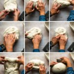 9 photos showing how to do the final fold in shaping sourdough bread.