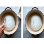 Two photos showing how to slash sourdough bread in a cast iron pot.