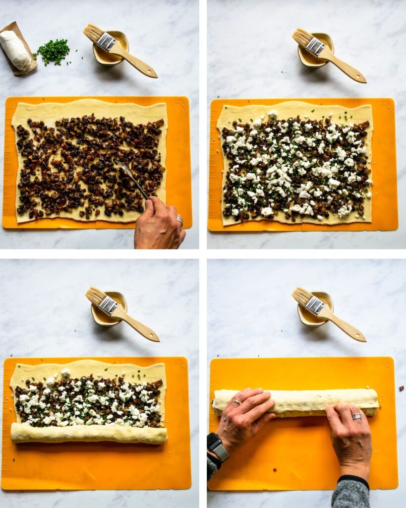 Four photos showing how to roll up puff pastry to make pinwheels.
