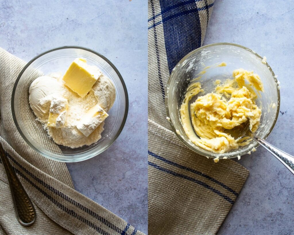 A small glass bowl of butter and flour next to another photo of the same butter and flour mixed together.