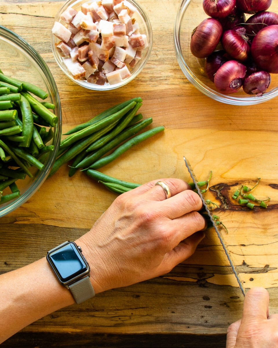 Green Beans, Pearl Onions and Bacon Blue Jean Chef Meredith Laurence