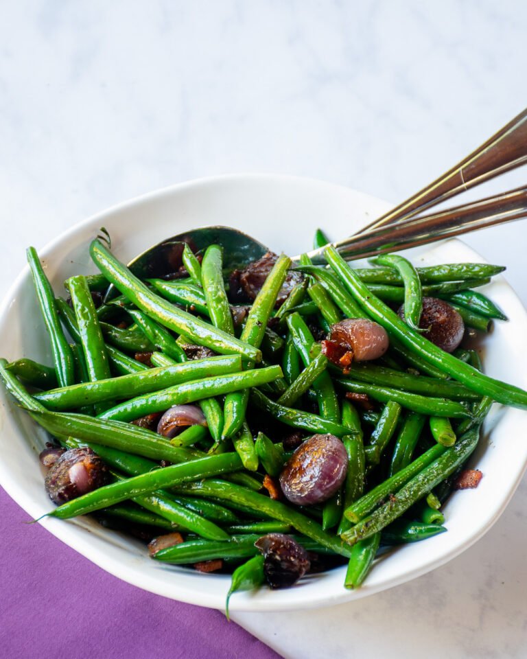 Green Beans, Pearl Onions and Bacon Blue Jean Chef Meredith Laurence