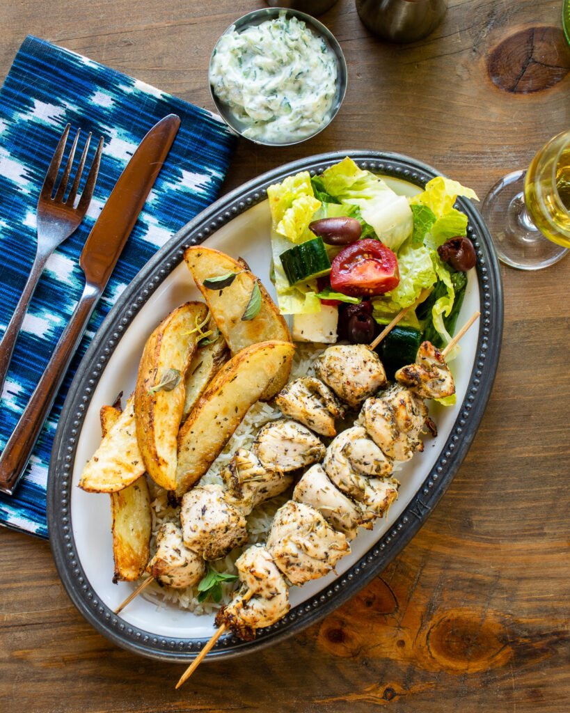 Chicken Souvlaki With Tzatziki Sauce and Greek Salad Recipe