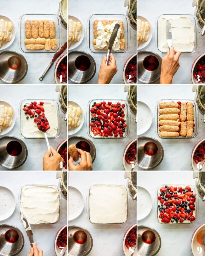 Nine photos showing how to build a mixed berry tiramisu.