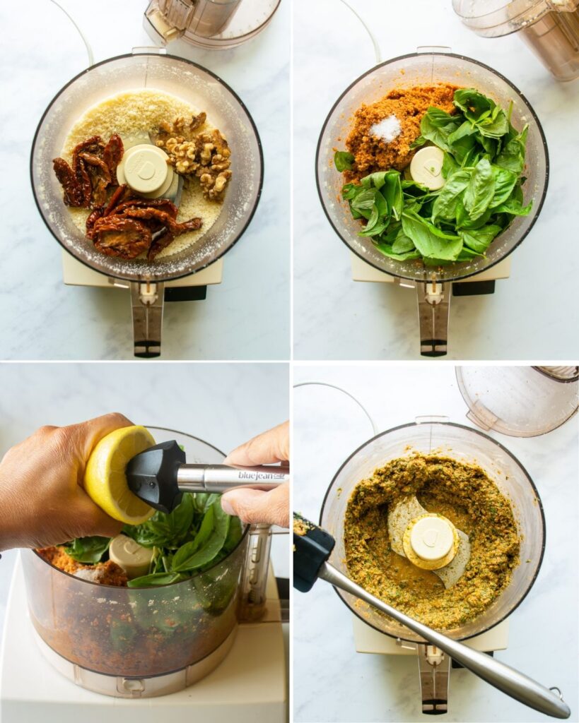 Four images of making sun-dried tomato pesto in a food processor.
