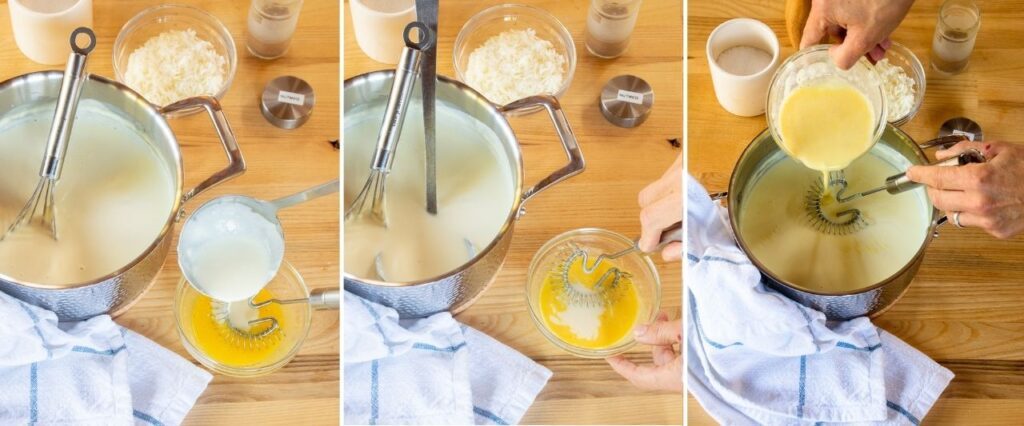 Three photos showing the process of tempering egg yolks into a Bechamel sauce.