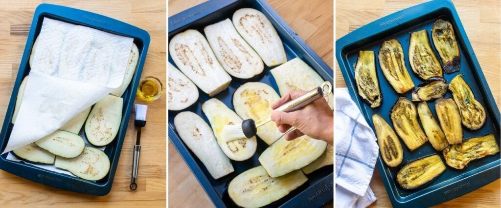 Three photos of preparing eggplant for moussaka - salting the eggplant on paper towels, brushing oil onto the eggplant slices, cooked eggplant slices on a blue baking sheet.