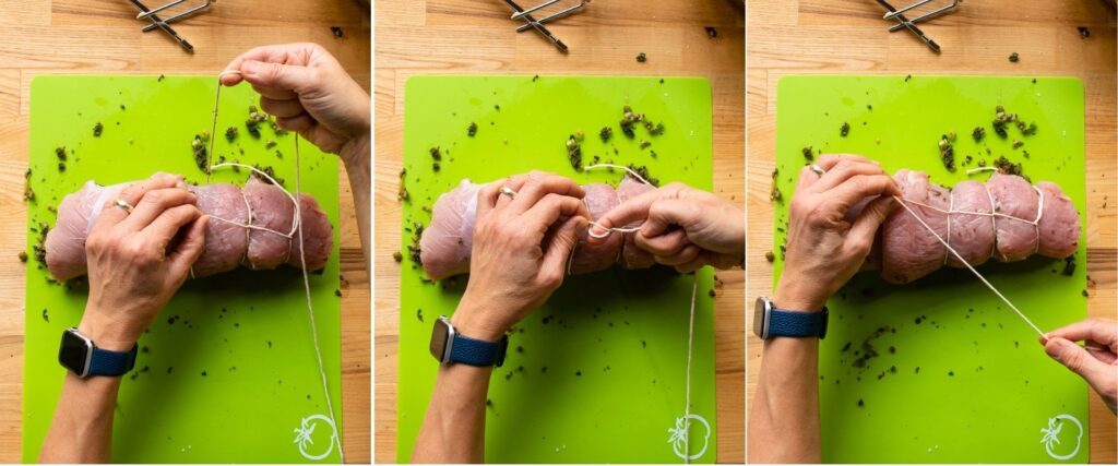 Three steps showing how to create consecutive loops on a stuffed turkey breast.