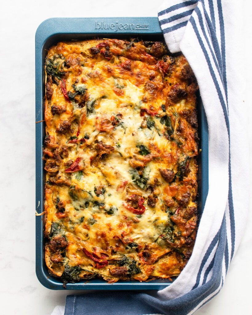 Looking down on a breakfast strata after it is baked.
