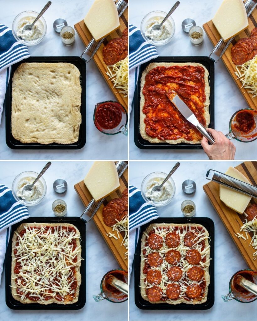 Four photos showing the assembly of a pizza: par-baked dough in a pan; spreading pizza sauce on dough; mozzarella cheese on top of the pizza sauce; pepperoni and Parmesan cheese on top of the mozzarella.