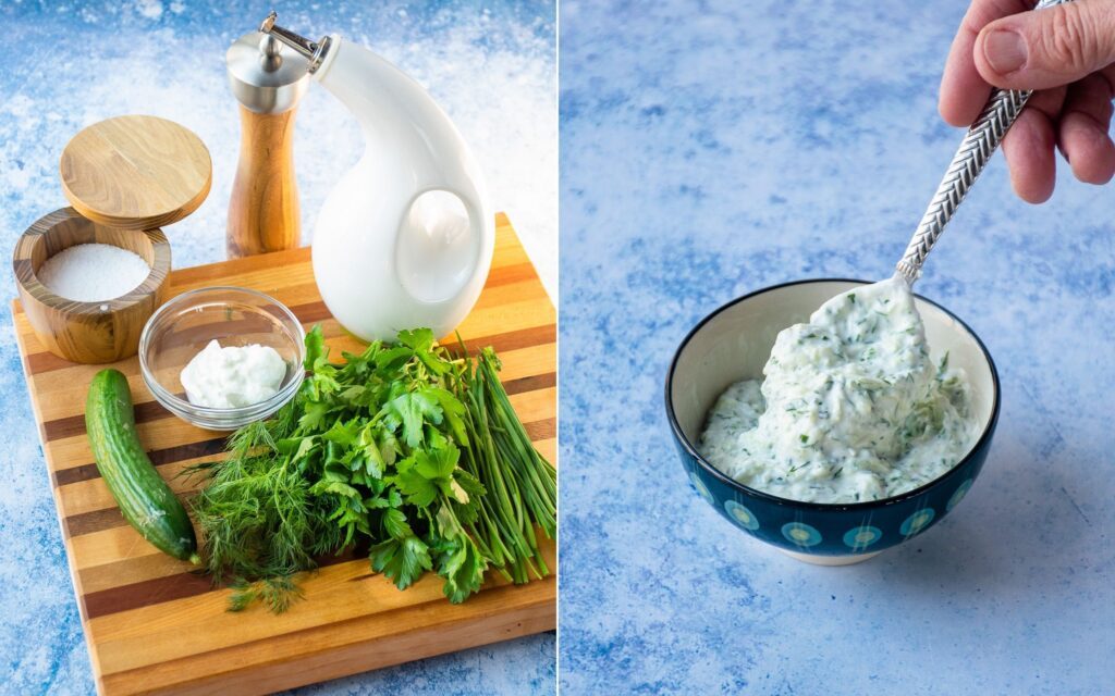 Two images of a cucumber yogurt sauce. The first shows the ingredients on a cutting board - cucumber, herbs, yogurt, olive oil, salt and pepper. The second shows the finished sauce in a little bowl with a hand holding a spoon out of it.