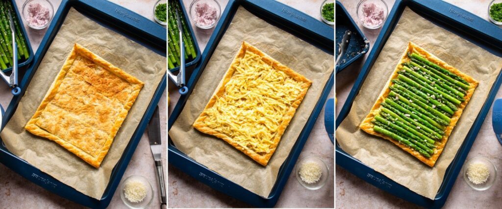 Three images showing the stages in building a vegetable tart - a baked pastry crust, the tart filled with egg and cheese, and the tart filled with asparagus.