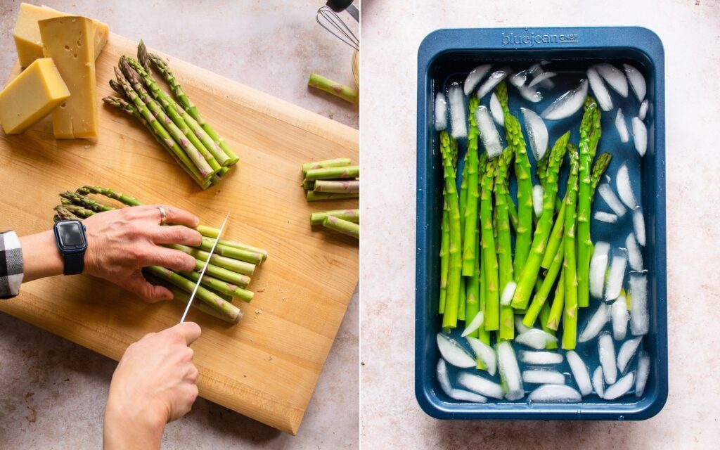 Two images - the first hands cutting asparagus stalks, the second shows asparagus in an ice bath.