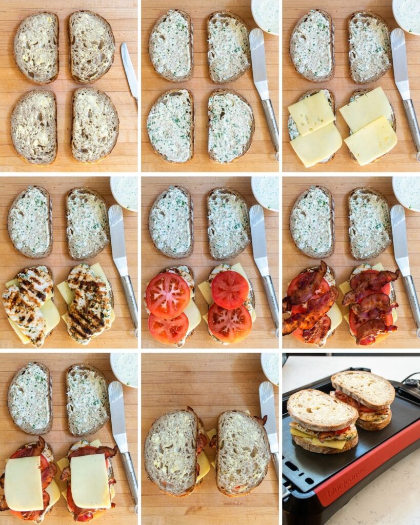 9 photographs showing how to assemble a grilled chicken club sandwich.