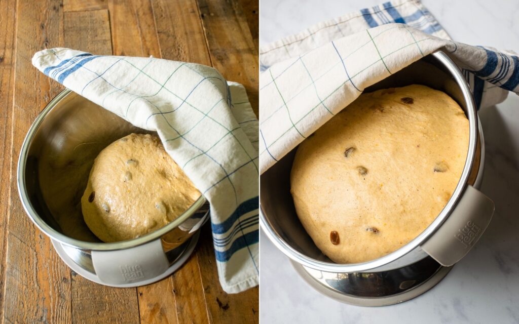 Two images showing hot cross bun dough in a bowl before and then after its first rise.