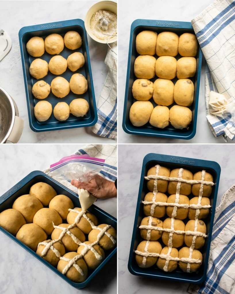 4 images showing hot cross buns shaped into rounds before their second rise, after their second rise, piping the crosses onto the top and a pan of hot cross buns with crosses, ready for the oven.