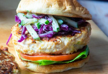 Zesty Chicken Burgers with Cool Cucumber Slaw